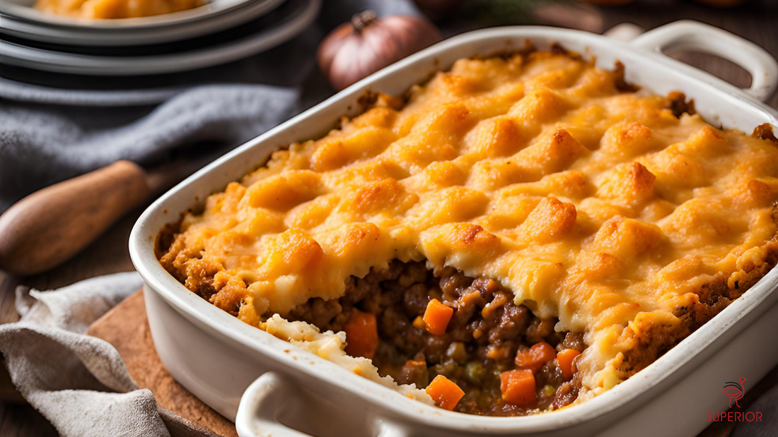Ostrich Shepherd's Pie with Sweet Potato Mash Topping