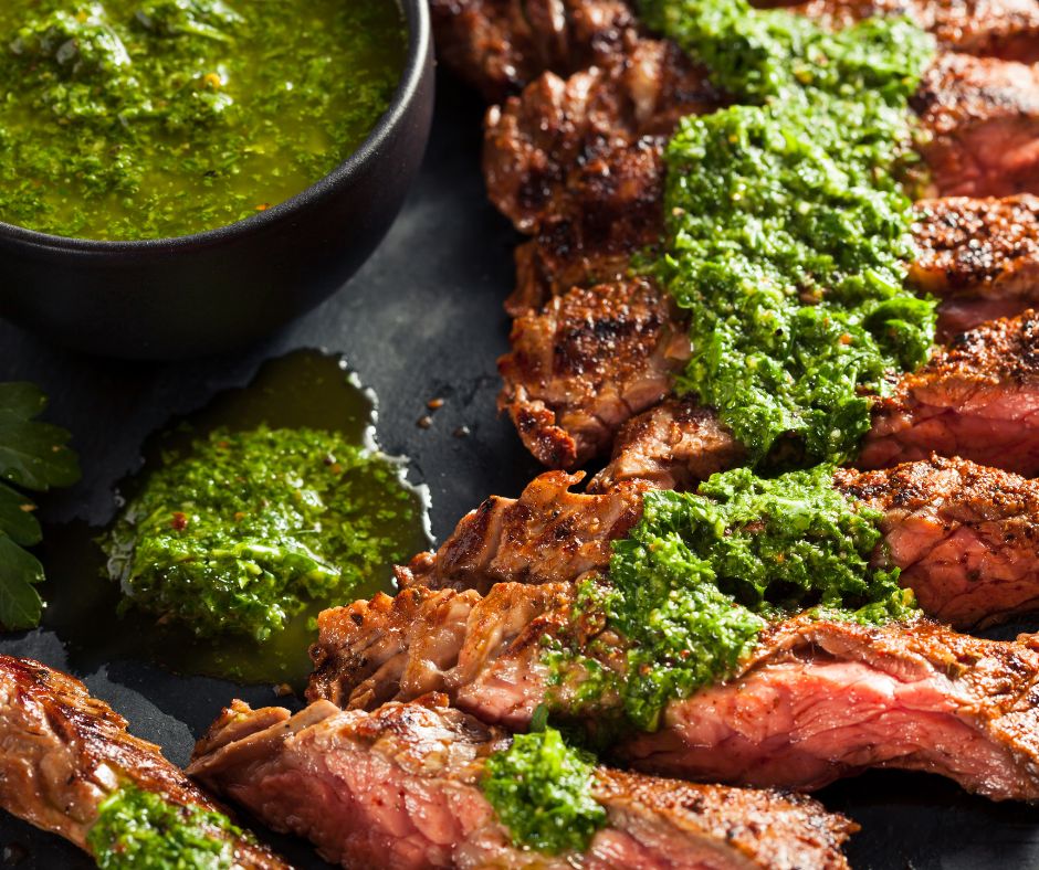 Coffee & Brown Sugar-Rubbed Ostrich Strip Steak with Chimichurri Drizzle