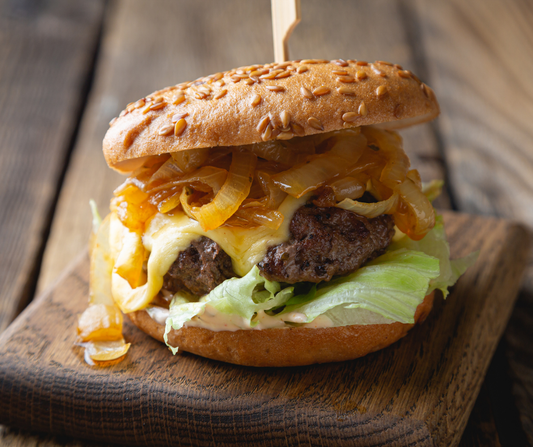 Ostrich Burger with Caramelized Onion and Smoked Gouda