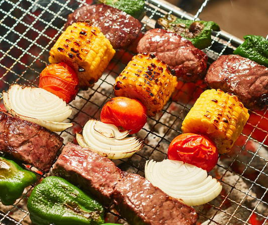 Grilled Skewers with Superior Ostrich Fan Filet Mignon, Corn, Onion & Tomato